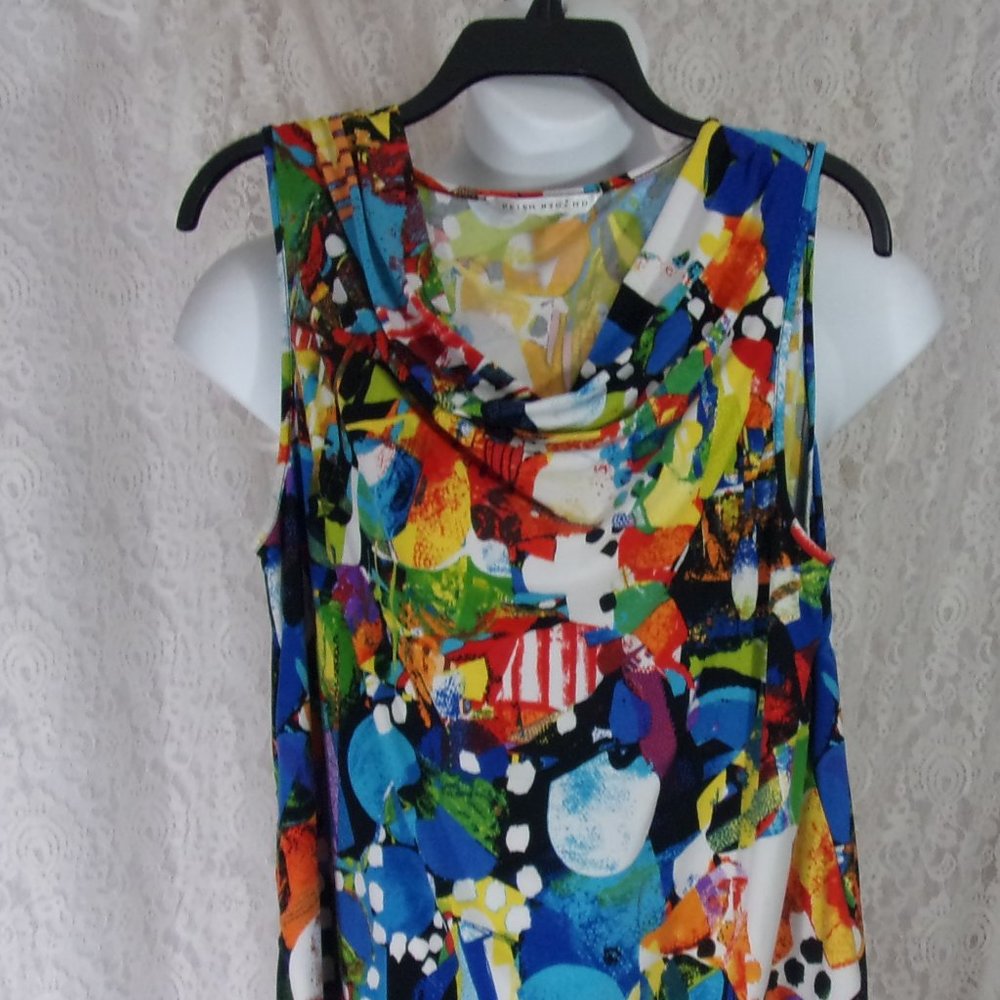 Peter Nygard Drape Front Top Knit Blue black Yellow Multi Contemporary Print